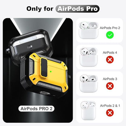 RFUNGUANGO for AirPods Pro 2nd Generation Case Cover with Cleaner Kit, Military Hard Shell Protective Armor with Lock for AirPod Gen 2 Charging Case 2023,2022, Front LED Visible,Yellow