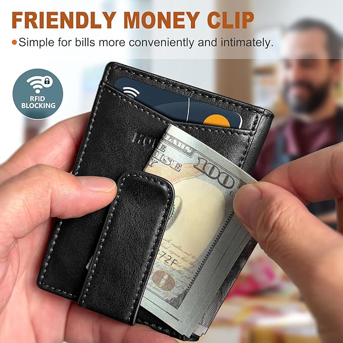 Magnetic Closure Slim Wallet for Men with Money Clip Gift Boxed,Genuine Leather Front Pocket Wallet, 3.9"x 2.7", RFID Blocking