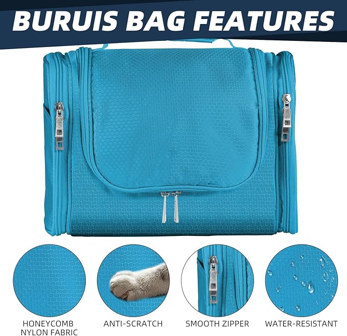 Buruis Large Toiletry Bag for Women and Men, Hanging Travel Bag for Makeup, Cosmetics, Shaving, Toiletries, Water-Resistant Dopp Kit for Gym, Camping, or Daily Use, Light Blue