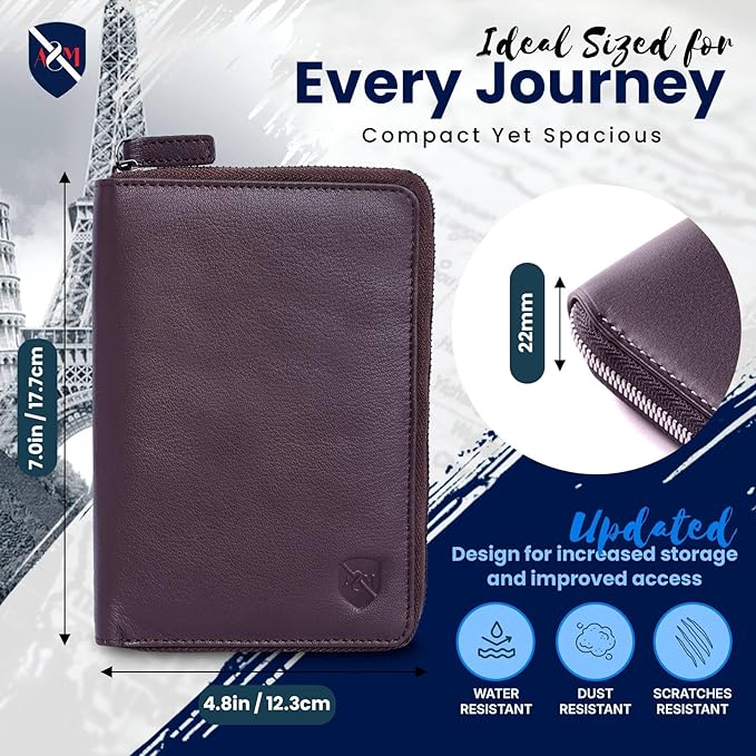 ALLEN & MATE Passport Holder Travel Wallet, 100% Leather RFID Blocking Travel Document Organiser for Men & Women