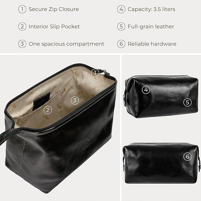 Time Resistance Leather Toiletry Bag Cosmetic Case Italian Classy Dopp Kit