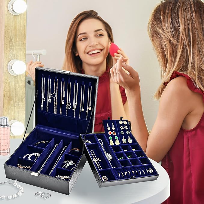 ProCase Jewelry Box for Women, 2 Layers Large Leather Jewelry Organizer Storage Case with Removable Pad for Earrings -Lizardblack