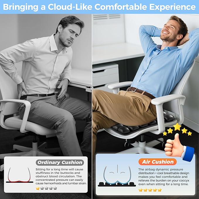 Inflatable Seat Cushion, Airplane Seat cushion for Long Flights Without Air Pump, Pressure Relief Seat Cushion, Wheelchair Cushions Applicable to Various Scenarios, Relief Discomfort in Coccyx&Buttock