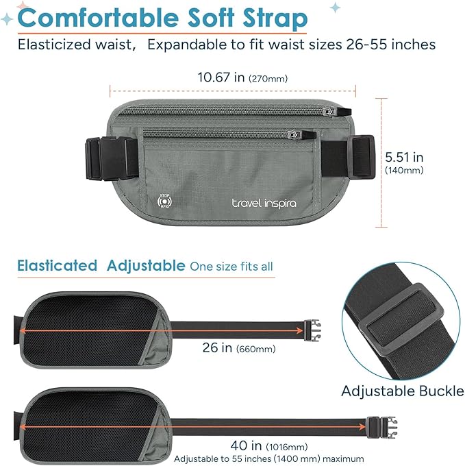 travel inspira Travel Money Belt with Slim Anti-Theft RFID Blocking Passport Holder for Travel Concealed under Clothes for Ultimate Protection of Credit Cards, Cash, Passport & Documents, Grey