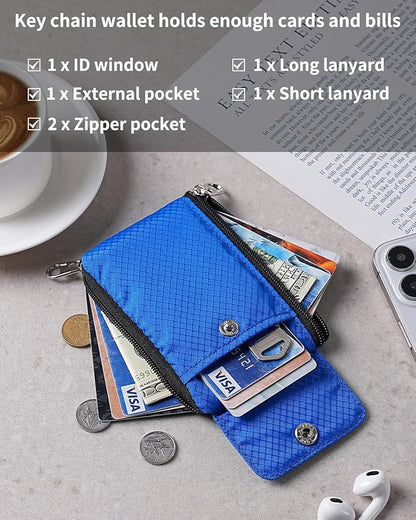 Minimalist Wallet For Mens Womens, Keychain RFID Blocking Zipper Small Wallet with ID Window 2 Lanyards,Water Resistant Travel Cash Card Coin Case Boys Girls
