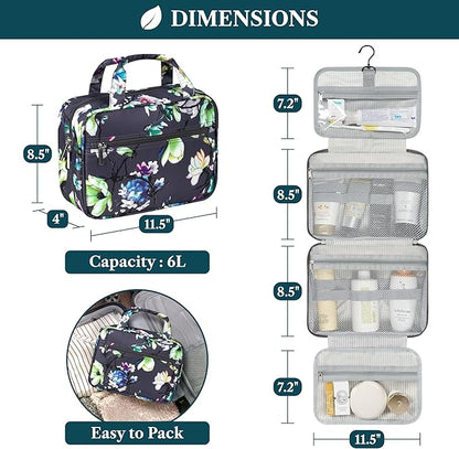 PAVILIA Hanging Toiletry Bag Travel Bag Women Men, Foldable Cosmetic Organizer, Roll up Makeup Bag, Water Resistant Accessories Toiletries, Large Travel Essentials Kit (Grey Floral)