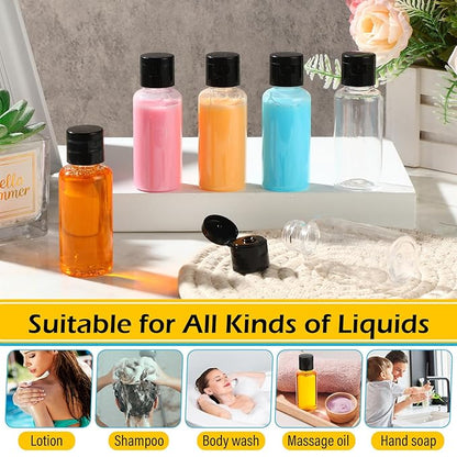Mimorou 150 Pcs 1oz Travel Bottles Bulk for Toiletries Clear Small Travel Size Bottles Bulk Refillable Empty Containers for Shampoo Lotion Liquid Body Soap Cream Toiletries(Black Cap)
