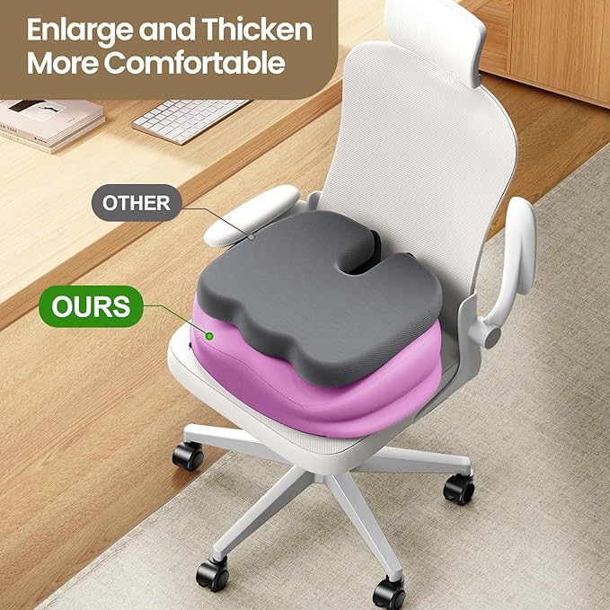 Benazcap Large Seat Cushion for Office Chair Memory Foam Coccyx Pain Relief Cushion Pillow for Back Support Non-Slip Seat Pad for Office Desk, Car Seat, Wheelchair, Sciatica-Pink