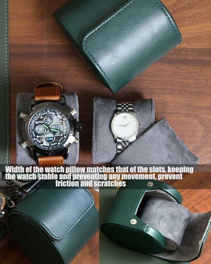 Travel Case, Premium Leather Single Watch Case, Variable Size Pillow Design, Portable Storage Box for Men and Women, Green Roll Organizer With Faux Suede Fabric Lining