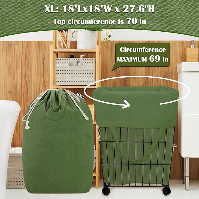 Canvas Laundry Bags 18x18in with Handles & Square Base, Extra Large Heavy Duty Laundry Basket Hamper Liner, Washable Drawstring Dirty Clothes Bag Canvas Storage Sack (Army Green XL)