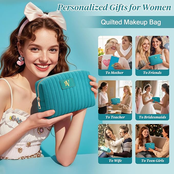 Monogrammed Make Up Bags for Women,Personalized Cosmetic Bags Women,Small Quilted Makeup Pouch,Cute Makeup Bag Travel,Birthday Gifts for Teen Girl (Blue V)