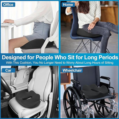PilloVive Memory Foam Seat Cushion for Office Chairs & Car Seat - Ergonomic Office Desk Seat Cushion- Doctor Recommended for Tailbone & Sciatica Pain Relief & Back Support(Black)