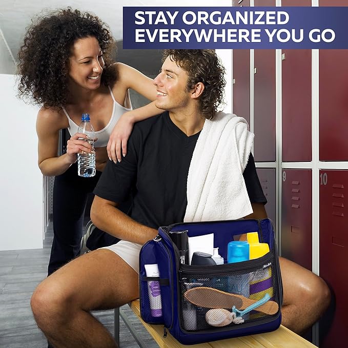 Extra Large (11.8”x11.8”x4”) Hanging Travel Toiletry Bag for Men and Women - Cosmetic Travel Bag With Shoulder Strap - Waterproof Hygiene Bag with Metal Swivel Hook and 19 Compartments for Toiletries