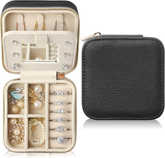Genuine Leather Travel Jewelry Case Organizer with Mirror for Women, Small Jewelry Box Portable Mini Jewelry Case for Earring, Ring, Necklace, Bracelet（Lychee Grain Black）