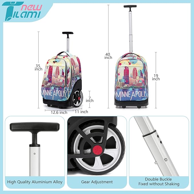 NEW TILAMI 19 Inch Rolling Backpack with Lunch Bag for Girls Boys Wheeled Laptop Backpack Durable Carry-on Bag School Travel, City