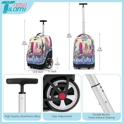 NEW TILAMI 19 Inch Rolling Backpack with Lunch Bag for Girls Boys Wheeled Laptop Backpack Durable Carry-on Bag School Travel, City