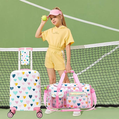 Kid's Luggage Set 3 Piece Suitcase Set 16" Hardside Luggage with Spinner Wheels Girls Carry on Toddler Travel Rolling Suitcase with Duffle Bag Neck Pillow Airline Approved