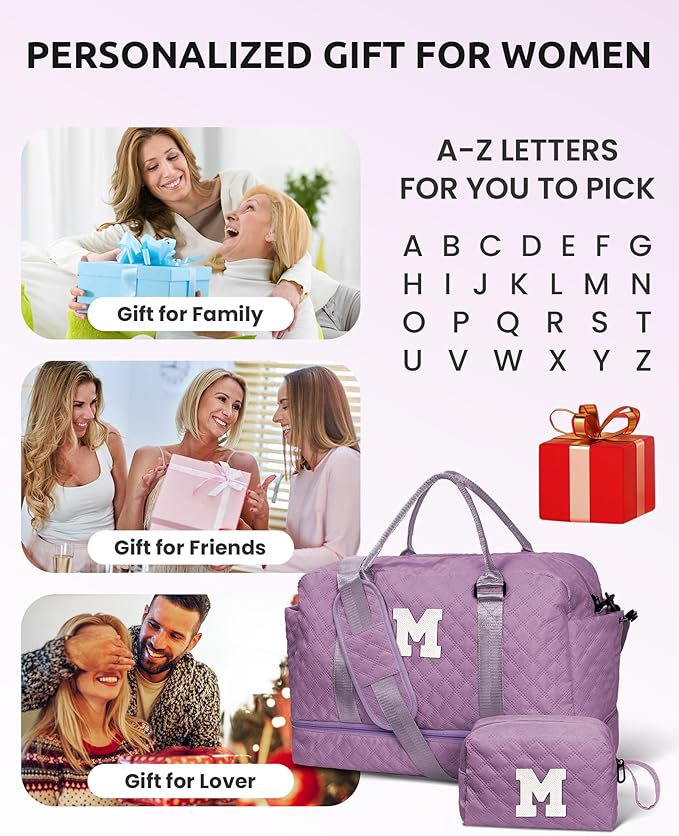 Initial Gifts, Personalized Weekender Bag with Shoulder Strap, Monogram Overnight Bag for Women Wet Pocket, Letter Travel Bag with Makeup Bag Gifts for Family Birthday Gifts (Letter Z)
