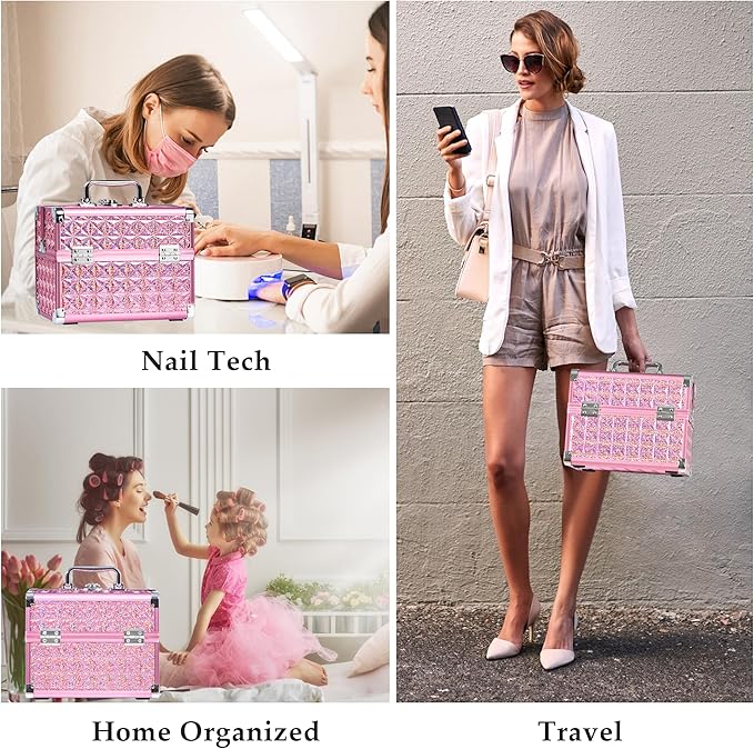 Makeup Case Organizer,Makeup Train Case, Trays Cosmetic Box Portable, Profesional for Salon Barber,Pink