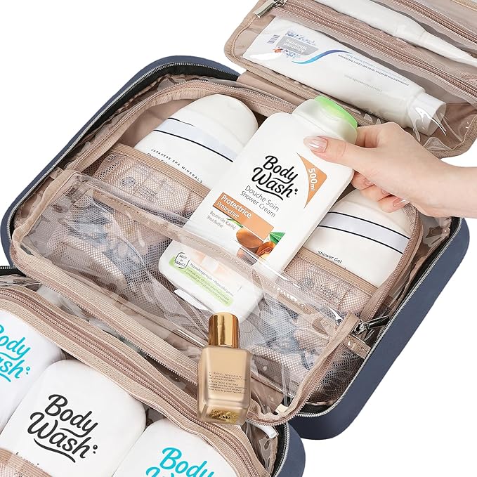 NISHEL Travel Toiletry Bag for women, Portable Hanging Organizer for Family-Sized Shampoo, Conditioner, Brushes Set, Makeup Accessories, Extra Large Size, Aegean-Blue