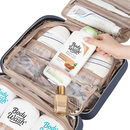 NISHEL Travel Toiletry Bag for women, Portable Hanging Organizer for Family-Sized Shampoo, Conditioner, Brushes Set, Makeup Accessories, Extra Large Size, Aegean-Blue