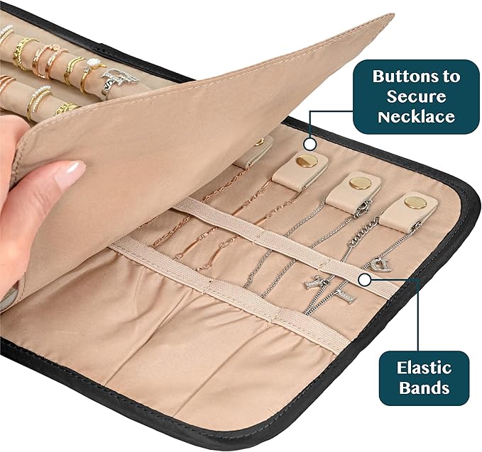 Pavilia Foldable Jewelry Organizer - Travel Roll Bag with Compartments for Earrings, Rings, Necklaces, Bracelets - Packing Accessory