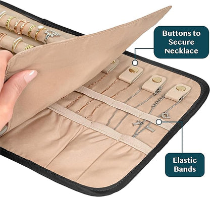 Pavilia Foldable Jewelry Organizer - Travel Roll Bag with Compartments for Earrings, Rings, Necklaces, Bracelets - Packing Accessory