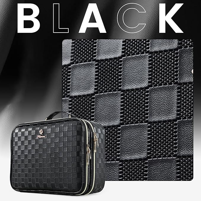 Makeup Bag with LED Lighted Mirror 12.2 IN Travel Double Layer Makeup Case Adjustable Brightness in 3 Colors Cosmetic Organizer Artist Storage with Dividers Brush Holder Vanity Black Checkerboard