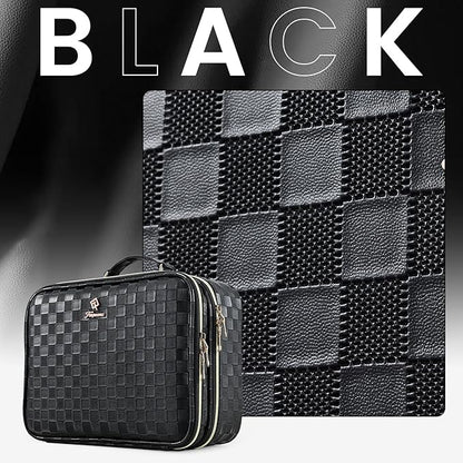 Makeup Bag with LED Lighted Mirror 12.2 IN Travel Double Layer Makeup Case Adjustable Brightness in 3 Colors Cosmetic Organizer Artist Storage with Dividers Brush Holder Vanity Black Checkerboard