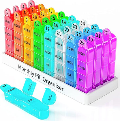 Odaro Monthly Pill Organizer 4 Times a Day, 30 Day Pill Organizer, Monthly Pill Box 4 Times a Day Organizer, Portable Pill Case Organizer（Rainbow）