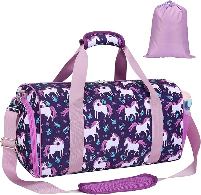 Bagseri Dance Bag for Girls - Ballet Bag for Girls with Shoes Compartment Kids Duffle Bag for Overnight Travel Sleepover with Dry Wet Separation Pockets (Deep Purple Unicorn)
