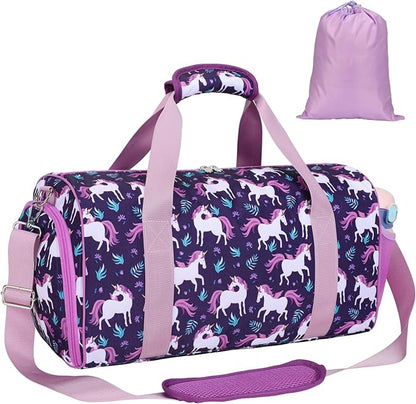 Bagseri Dance Bag for Girls - Ballet Bag for Girls with Shoes Compartment Kids Duffle Bag for Overnight Travel Sleepover with Dry Wet Separation Pockets (Deep Purple Unicorn)