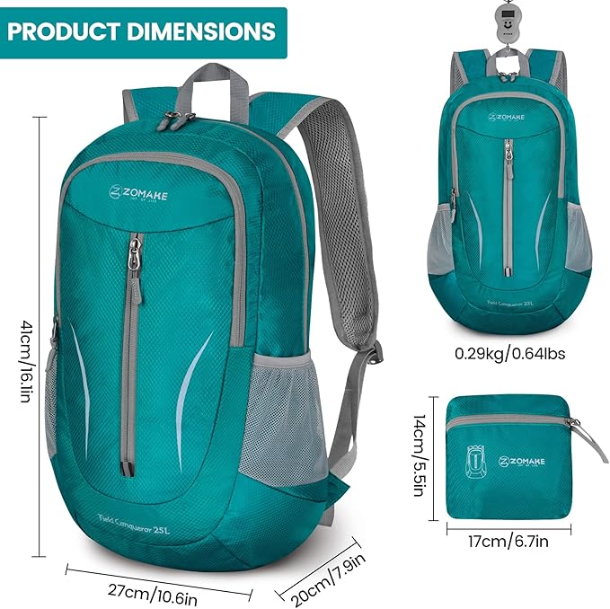 ZOMAKE Ultra Lightweight Packable Backpack 25L, Foldable Hiking Backpacks Water Resistant Small Folding Daypack for Travel(Lake Green)