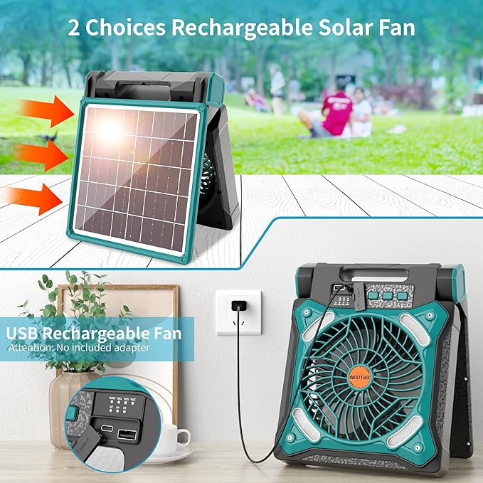 Solar Fan Battery Powered Rechargeable Solar Camping Fan with Led Lantern & Power Bank Foldable Angle USB Personal Fans for Travel Outdoor Camping Tents X98 Cyan