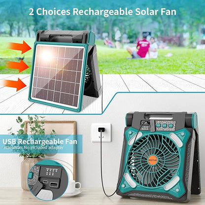 Solar Fan Battery Powered Rechargeable Solar Camping Fan with Led Lantern & Power Bank Foldable Angle USB Personal Fans for Travel Outdoor Camping Tents X98 Cyan