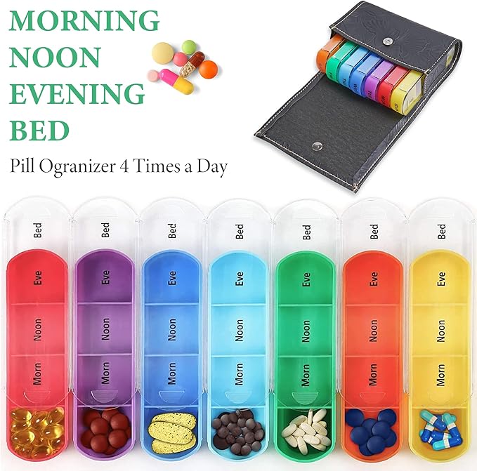 Pill Organizer,LIZIMANDU Weekly Travel Pill Case Box Medication Reminder Daily AM PM, Day Night 7 Compartments,for 4 Times A Day, 7 Days a Week-Includes Leather PU Carrying Case(1-Carved Black)