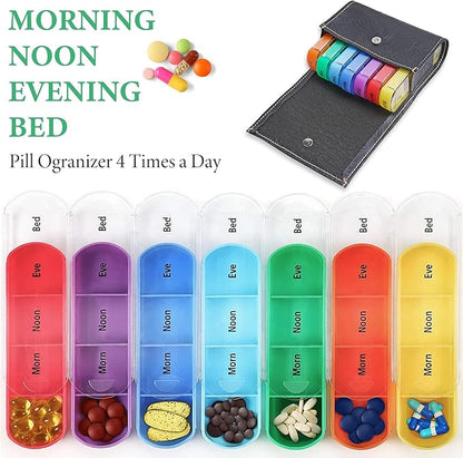 Pill Organizer,LIZIMANDU Weekly Travel Pill Case Box Medication Reminder Daily AM PM, Day Night 7 Compartments,for 4 Times A Day, 7 Days a Week-Includes Leather PU Carrying Case(1-Carved Black)