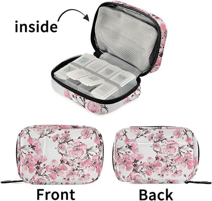 Fustylead Spring Pink Cherry Blooming Branch Pill Organizer Travel Portable Zipper Cloth Bag for Holding Weekly Supplements Vitamins and Fish Oils