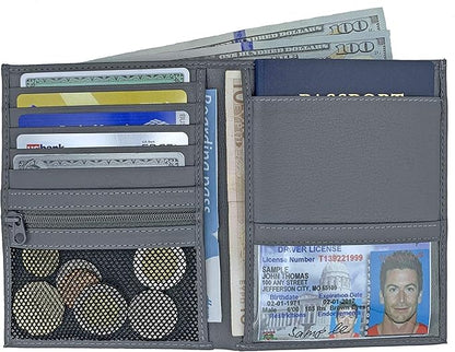 Grey RFID Genuine Leather Passport Wallet