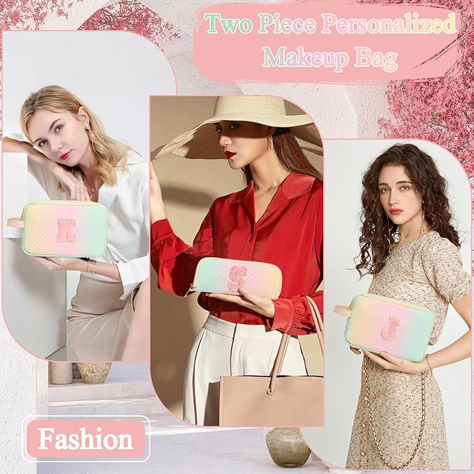 Personalized Initial Makeup Bag Trendy Stuff Leather Waterproof Cosmetic Bag Travel Toiletry Bag, Christmas/Thanksgiving/Halloween Gifts Makeup Organizer Case for Women Girls Mom Girlfriend Wife