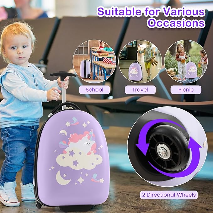 HONEY JOY Kids Luggage, 16” Children Rolling Suitcase w/Wheels & Telescopic Handle, Hard Shell Lightweight Travel Luggage for Toddlers, Carry On Luggage with Wheels for Boys Girls(Purple Unicorn)