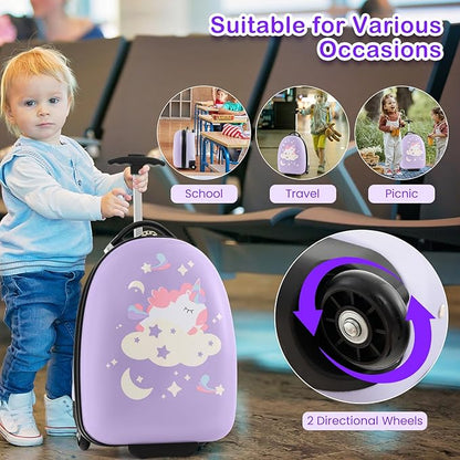 HONEY JOY Kids Luggage, 16” Children Rolling Suitcase w/Wheels & Telescopic Handle, Hard Shell Lightweight Travel Luggage for Toddlers, Carry On Luggage with Wheels for Boys Girls(Purple Unicorn)