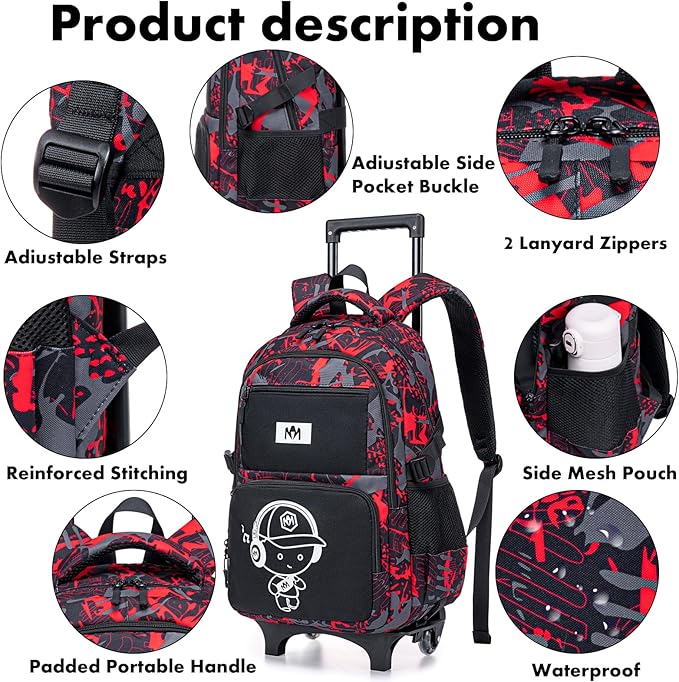 Bluboon Rolling Backpack with Wheels Kids Backpack for Boys Teens Wheeled Bookbag Kids Luggage Travel Hiking