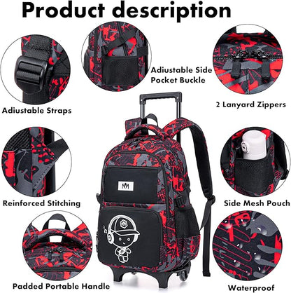 Bluboon Rolling Backpack with Wheels Kids Backpack for Boys Teens Wheeled Bookbag Kids Luggage Travel Hiking