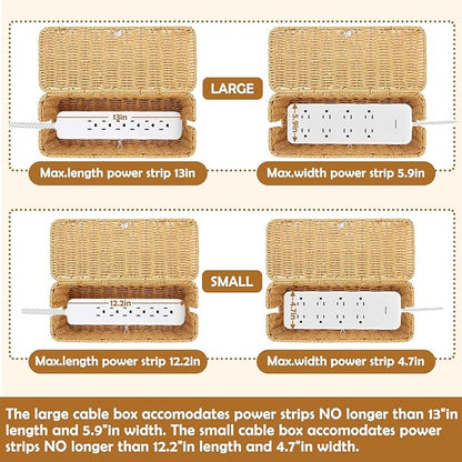2PCS Cable Management Box, Handmade Rattan Cable Organizer, Open Slots Cords Hider Box Cord Basket Under Desk Cord Organizer for Computer Router USB Hub & Power Strip