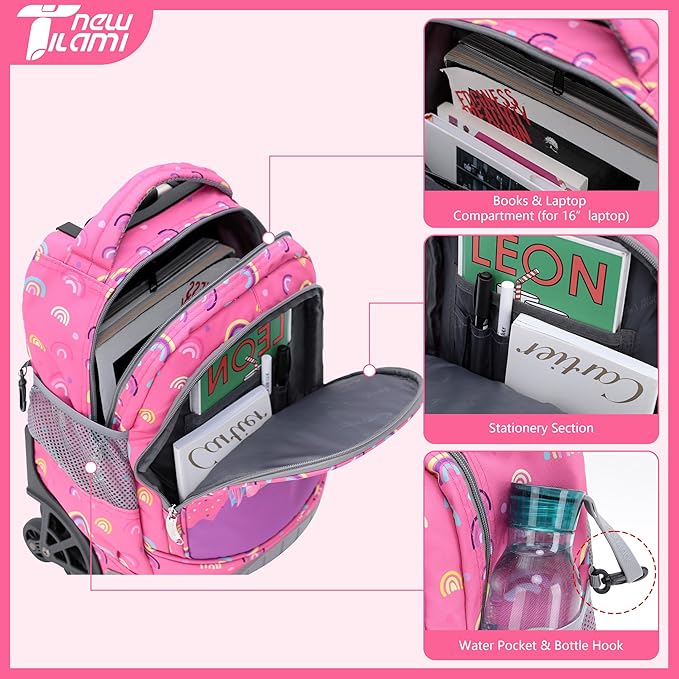 NEW TILAMI 16 Inches Rolling Backpack for Kids Adjustable Laptop Luggage with Wheels for Girl Boy School Travel Camping Boys Rolling Backpack Rainbow Unicorn
