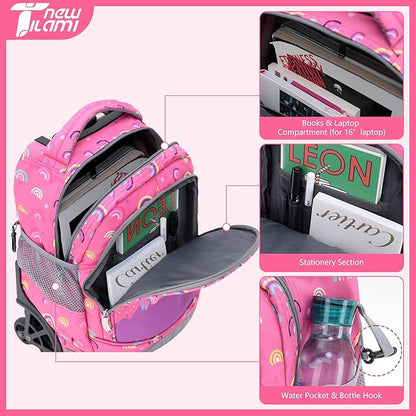 NEW TILAMI 16 Inches Rolling Backpack for Kids Adjustable Laptop Luggage with Wheels for Girl Boy School Travel Camping Boys Rolling Backpack Rainbow Unicorn