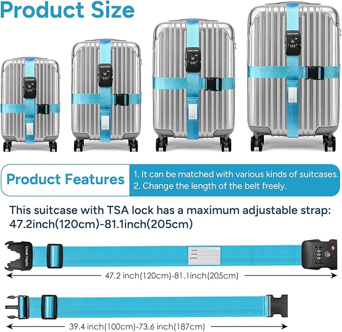 Travel Inspira Luggage Straps TSA Approved with TSA Lock Adjustable Luggage Straps Combination Lock for Suitcase Nylon Suitcase Travel Belt‎ TSA Approved Buckle Included Tags identifiers (Blue)