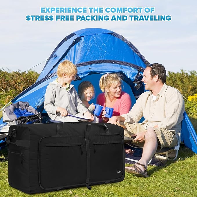 Bago Large Foldable Duffel Bags for Traveling Women & Men - 100L Packable Duffle Bag for Travel with Shoe Compartment - Water Repellant, Heavy Duty, Lightweight Folding & Collapsible (All Black)