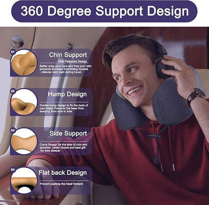 napfun Neck Pillow for Traveling, Upgraded Travel Neck Pillow for Airplane 100% Pure Memory Foam Travel Pillow for Flight Headrest Sleep, Portable Plane Accessories, Simple Sets (Optional), Full Black
